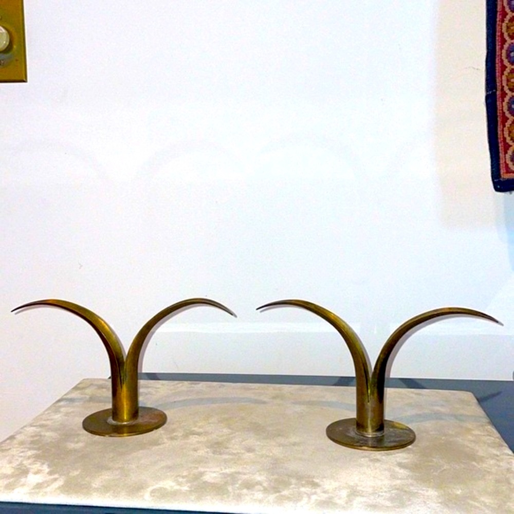 Ystad Metall Pair of Brass Bjork Liljan Candleholders Designed by Ivar Ahlenius